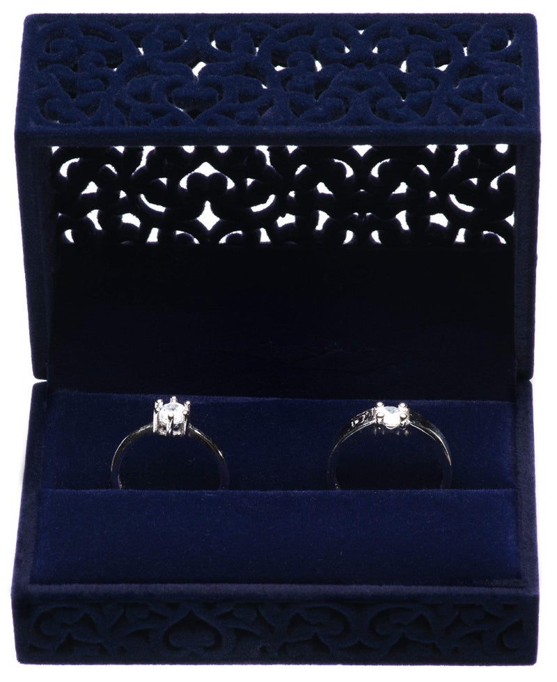 Giftop Hollow Velvet Ring Box Velvet Jewelry Box for Rings Couple Double Ring Bearer Box Engagement Gift (Dark Blue) - Image 4